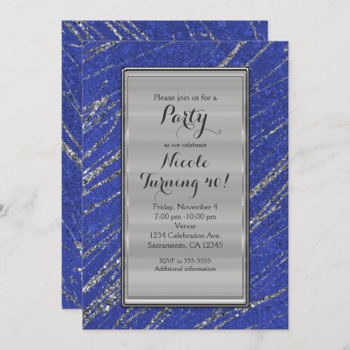 Blue  Silver Modern Glam Marble Stripe Invitation