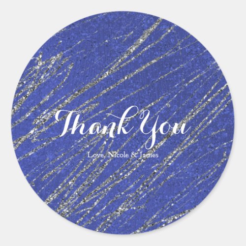 Blue  Silver Modern Glam Marble Stripe Party Classic Round Sticker