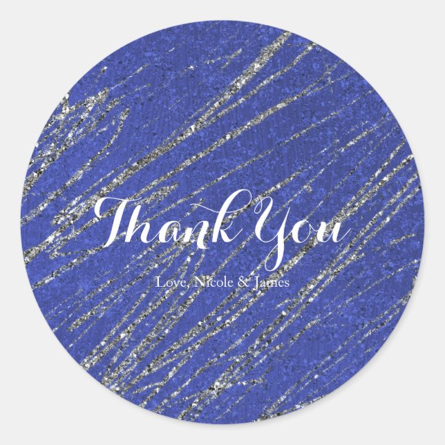 Blue & Silver Modern Glam Marble Stripe Party Classic Round Sticker (Front)