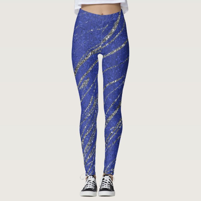 Blue & Silver Modern Glam Marble Stripe Party Menu Leggings (Front)