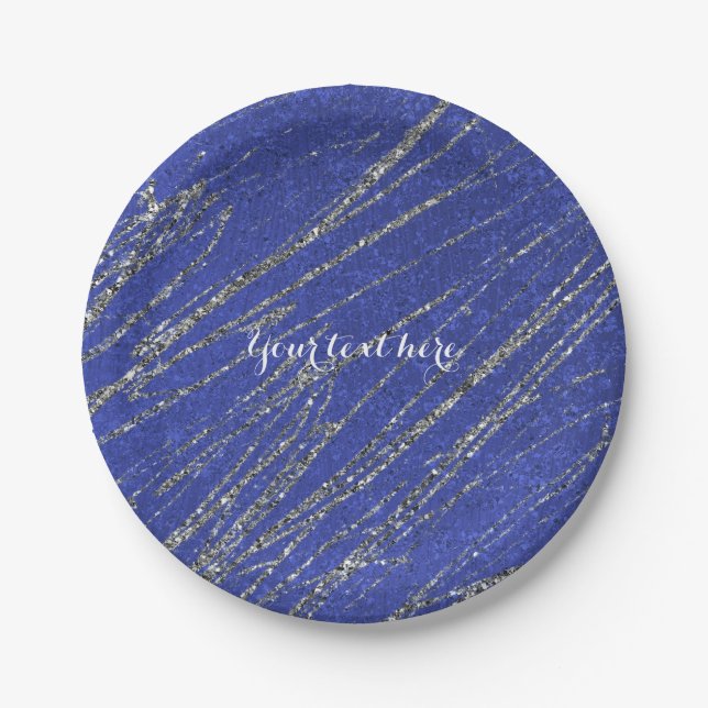 Blue & Silver Modern Marble Glam Stripe Party Paper Plates (Front)