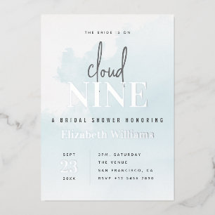 Blue & Silver Modern On Cloud 9 Bridal Shower Foil Invitation