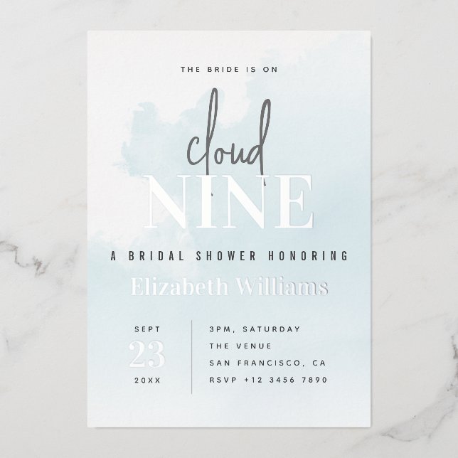 Blue & Silver Modern On Cloud 9 Bridal Shower Foil Invitation (Front)