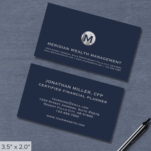 Blue Silver Monogram Financial Business Card