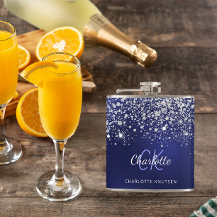 Blue silver monogram name script glitter sparkles flask
