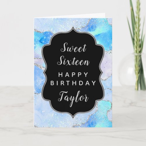 Blue Silver Ocean Agate Sweet 16 Happy Birthday Card