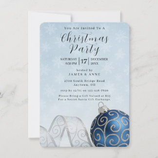 Blue & Silver Ornament Christmas Party Invitation