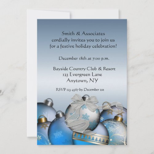 Blue Silver Ornaments Holiday Invitation