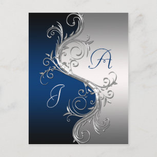 Blue Silver Ornate Swirls Save The Date Announcement Postcard