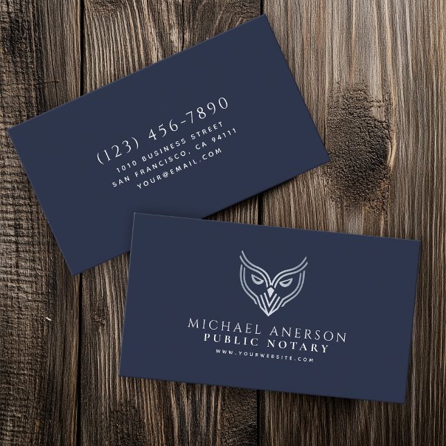 Blue Silver Owl Minimal Notary Loan Signing Agent Business Card (Creator Uploaded)
