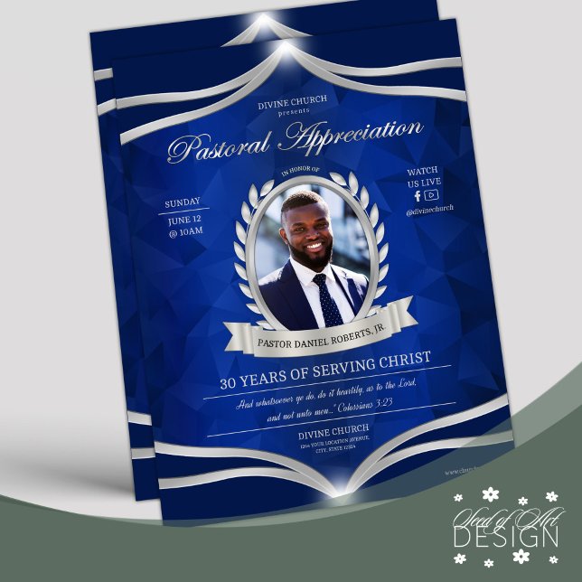 Blue Silver Pastor Appreciation Church Service  Flyer (Creator Uploaded)