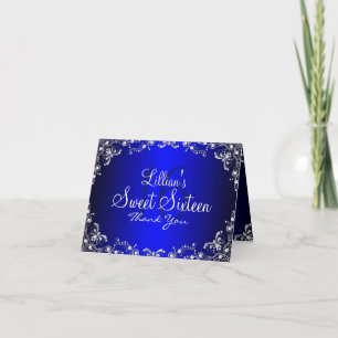 Blue Silver Pearl Damask Sweet 16 Thank You Card