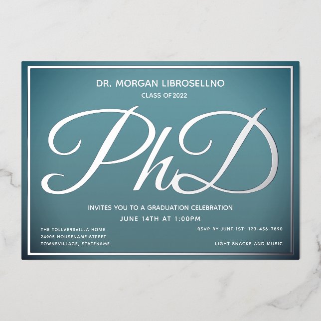 Blue Silver PhD Graduation Foil Invitation (Front)