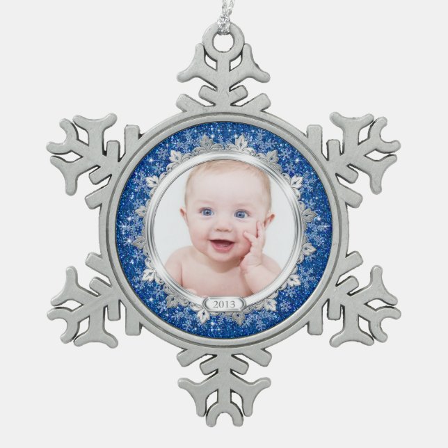 Blue Silver Photo Baby's First Christmas (Xmas) Snowflake Pewter Christmas Ornament (Front)