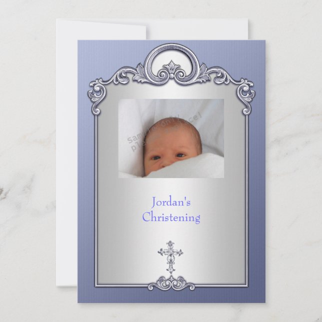 Blue Silver Photo Frame Jewel Cross Christening Invitation (Front)