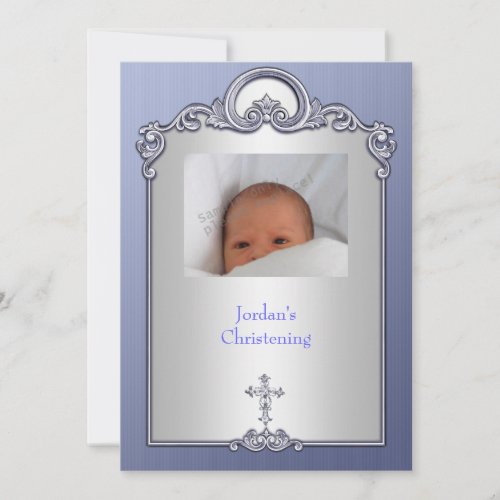 Blue Silver Photo Frame Jewel Cross Christening Invitation