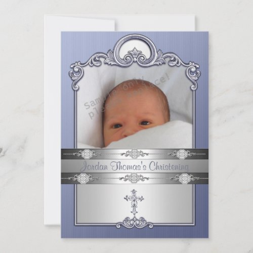 Blue Silver Photo Frame Jewel Cross Christening Invitation