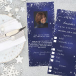 Blue silver photo fun facts birthday menu card<br><div class="desc">Birthday party menu card. Personalize and add a name,  age,  date and the menu for your guests to choose fro. A navy blue background,  decorated with faux silver glitter dust. The blue color is uneve. White colored letters. Back: add a photo of the birthday girl,  fun facts and names.</div>
