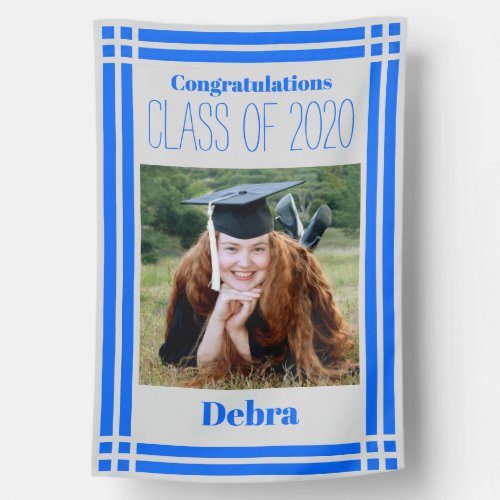 Blue Silver Photo Geometric Graduation Party House Flag