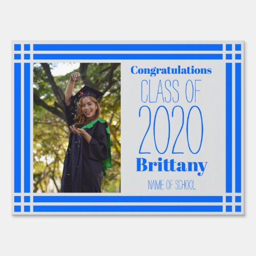 Blue Silver Photo Geometric Graduation Party Sign