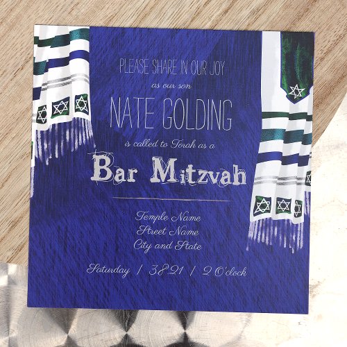 Blue Silver Prayer Tallit Bar Mitzvah Invitation