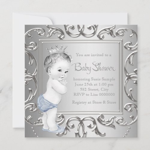 Blue Silver Prince Baby Shower Invitations