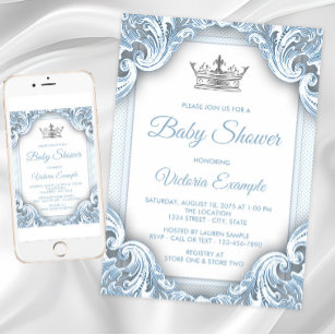 Blue Silver Prince Baby Shower Invitations
