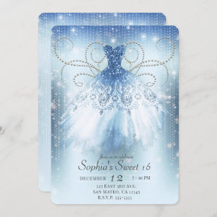 Blue Silver Princess Glitter Dress Sweet 16 Party Invitation