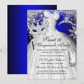 Blue & Silver Princess Masquerade Sweet 16 Invite
