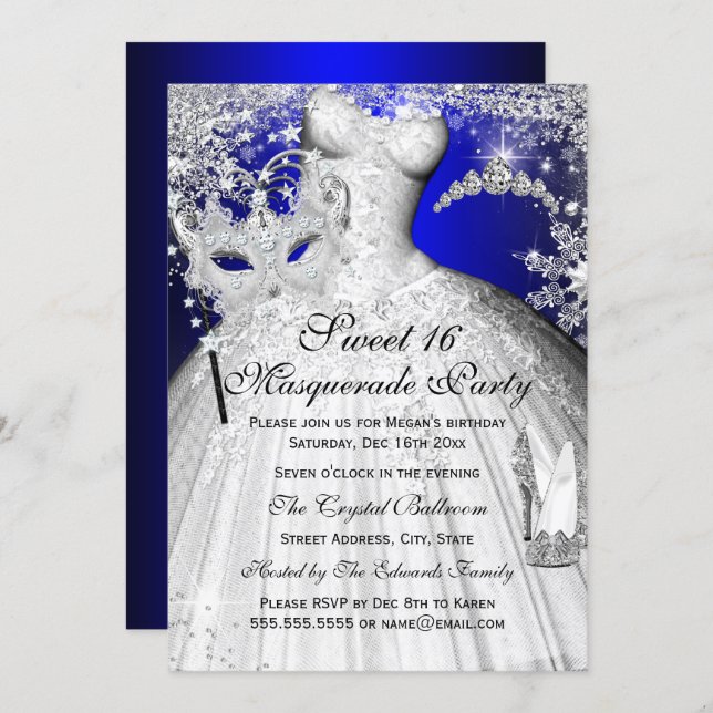 Blue & Silver Princess Masquerade Sweet 16 Invite (Front/Back)