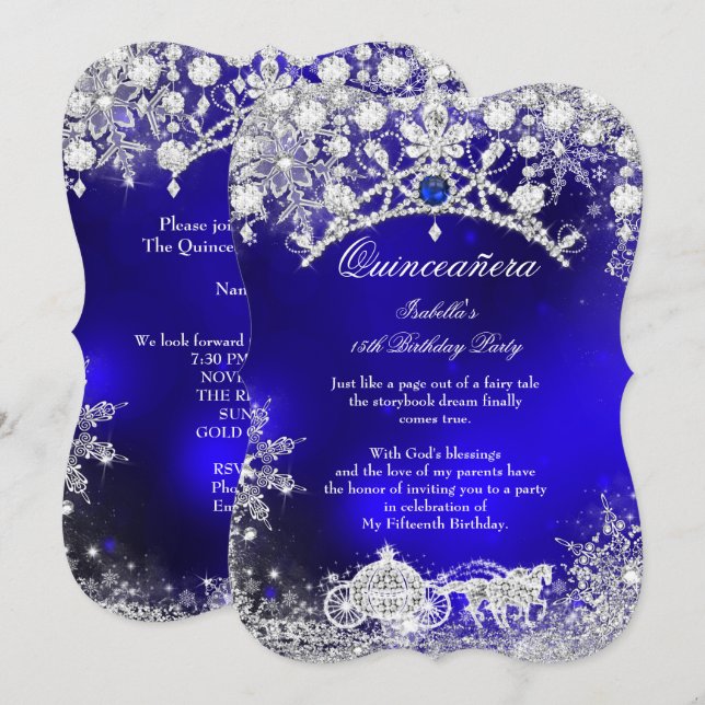 Blue silver Quinceanera 15th Winter Wonderland Invitation (Front/Back)