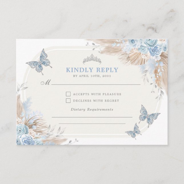 Blue Silver Quinceanera Mis Quince 15 Anos RSVP Enclosure Card (Front)