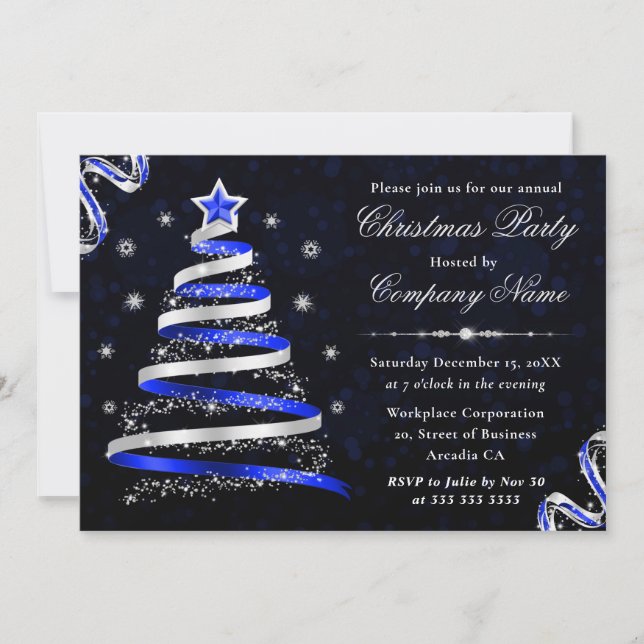 Blue & Silver Ribbon Tree Corporate Christmas Invitation (Front)