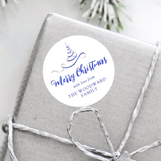 Blue Silver Ribbon Tree Merry Christmas Script Classic Round Sticker (Creator Uploaded)