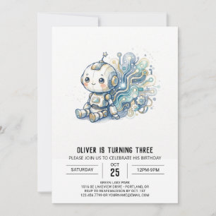 Blue Silver Robot Birthday Invitation