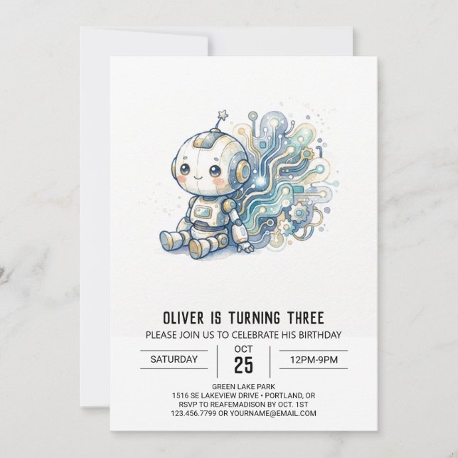 Blue Silver Robot Birthday Invitation (Front)