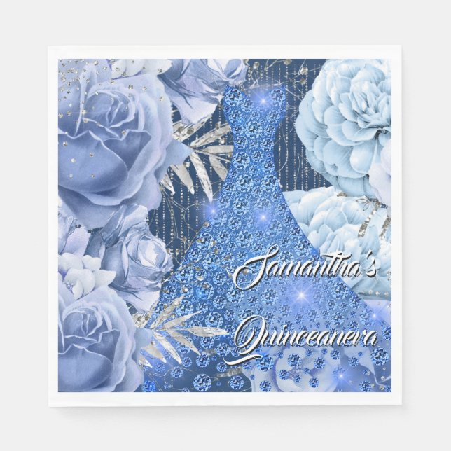 Blue silver rose floral womans glam birthday  napkins (Front)
