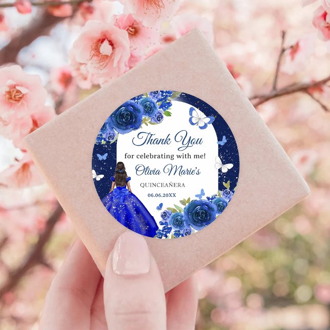 Blue Silver Rose Quinceanera Birthday  Classic Round Sticker (Creator Uploaded)