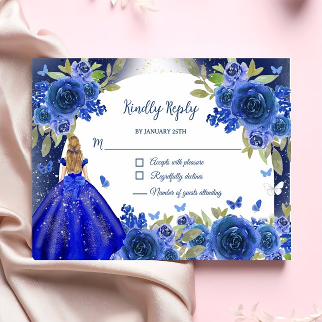 Blue Silver Rose Quinceanera Birthday RSVP Card (Creator Uploaded)