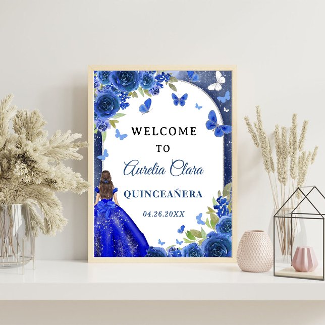 Blue Silver Rose Quinceanera Birthday Welcome Sign (Creator Uploaded)