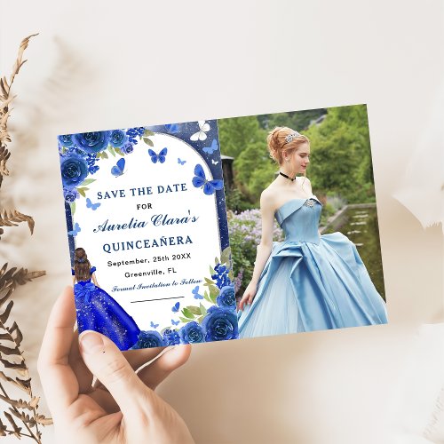 Blue Silver Rose Quinceanera Photo Save The Date