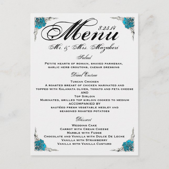 Blue Silver Rose Wedding Dinner Menu Thank you (Front)