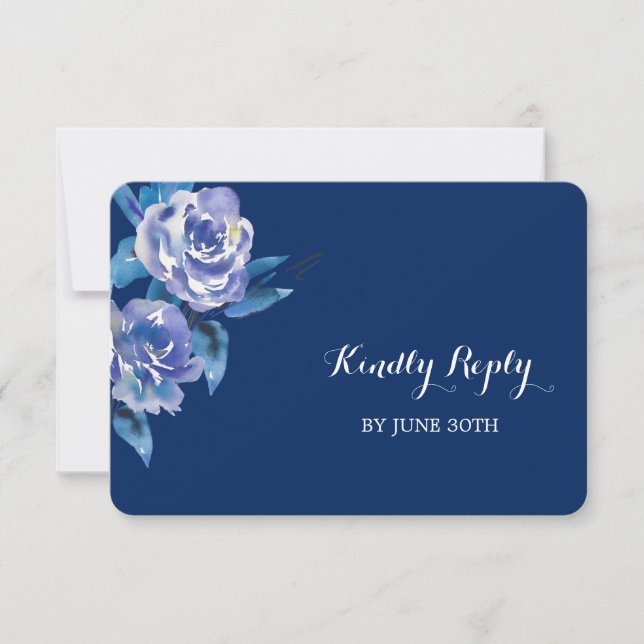 Blue Silver Roses Wedding RSVP Card (Front)