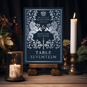 Blue Silver Royal Medieval Lion Wedding  Table Number