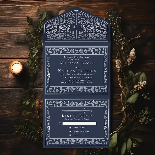 Blue Silver Royal Medieval Sword Wedding  All In One Invitation