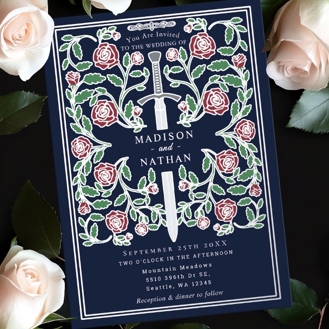 Blue Silver Royal Sword Medieval Fantasy Wedding  Foil Invitation (Creator Uploaded)