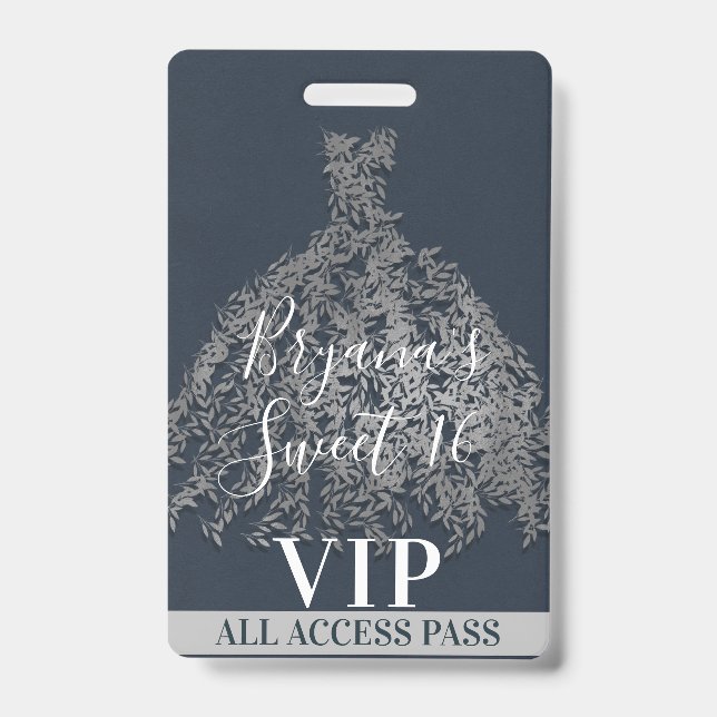 Blue Silver Rustic Leaves Dress Sweet 16 VIP Pass Badge (Front)