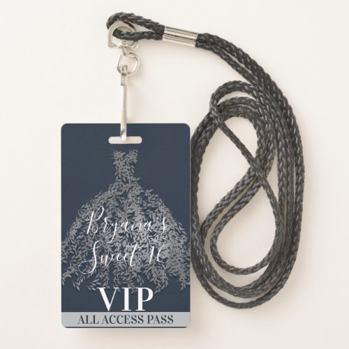 Blue Silver Rustic Leaves Dress Sweet 16 VIP Pass Badge