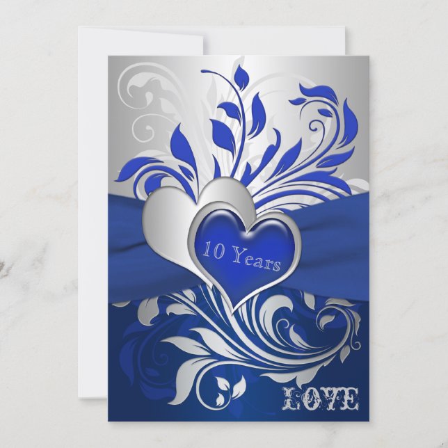 Blue, Silver Scrolls, Hearts Anniversary Invite (Front)