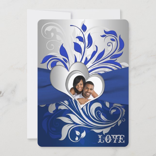 Blue, Silver Scrolls, Hearts Photo Wedding Invite (Front)